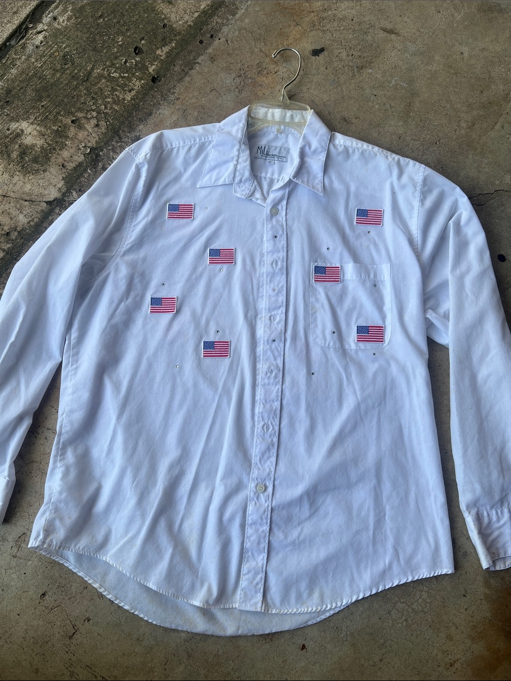 White Long-Sleeve Button-Up Shirt with Flag Embroidery